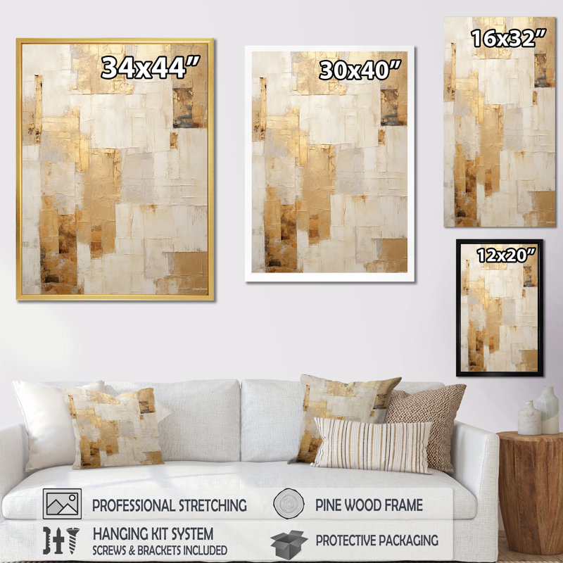 «Beige And Gold Dream Collage I», formes abstraites, art mural, Cadre flottant doré, H 32 po x l 24 po, Noir