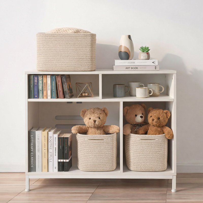 3-Piece Cotton Rope Storage Basket Set, Rectangular Woven Shelf Bins with Handles, Beige