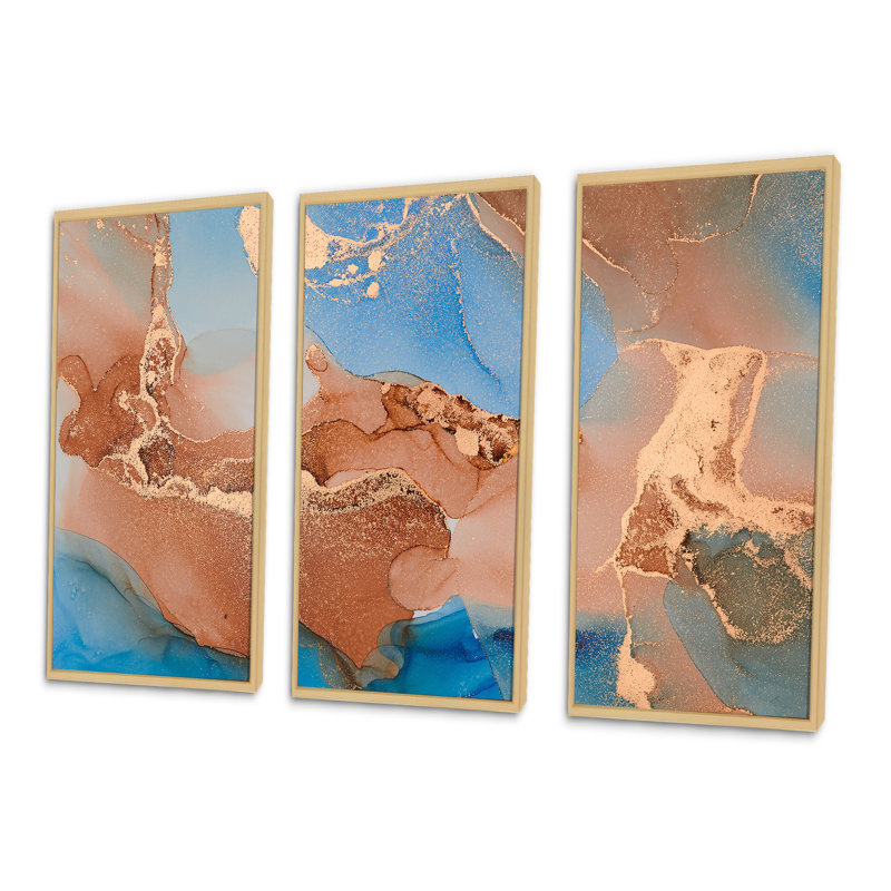 Bleu et brun, luxe, art abstrait fluide, art moderne sur toile encadrée moderne, ensemble de 3, H 28 po x l 36 po x P 1 po