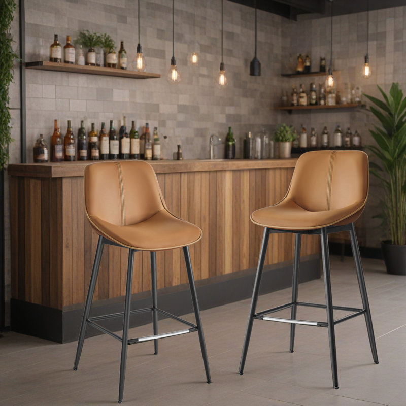 Borna 17.7''W x 15.7''D Mid-Century Faux Leather Bar Stools/ Counter Stools with Steel Frame & Footrest, Caramel Brown