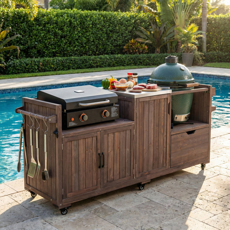 Solid Wood 80.5" Outdoor Kitchen Island For Big Green Egg& Blackstone Griddle, Grill Cart Table With Stainless Steel Top