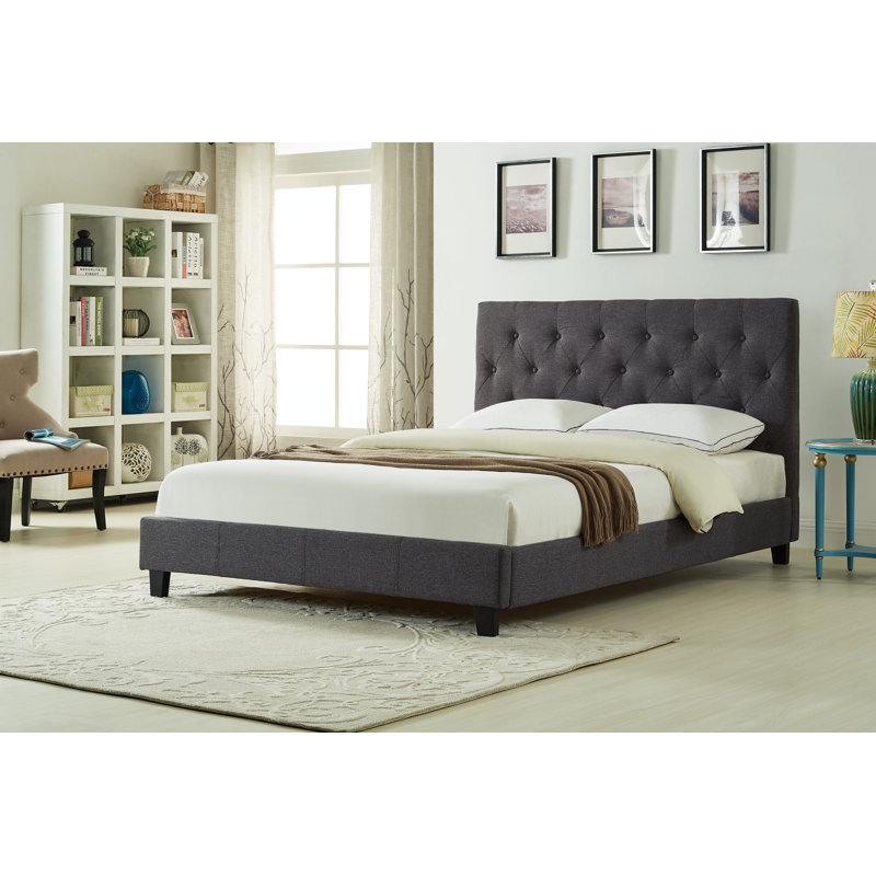 Lit plateforme tapissier avec tête de lit capitonnée, aucun sommier requis, moderne, gris anthracite, double, Anthracite