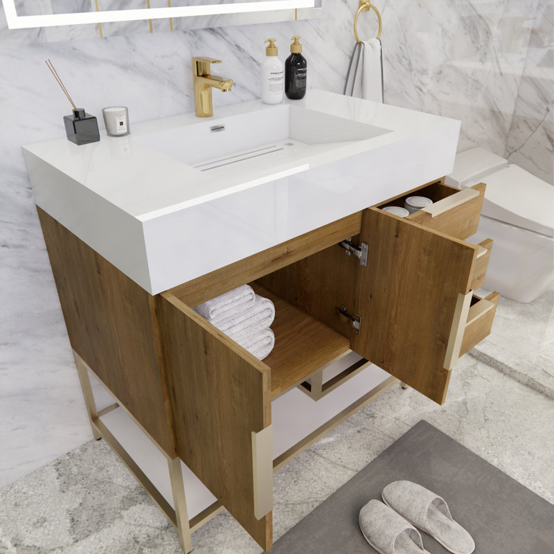 Ensemble de meuble-lavabo simple 36 po Glasgow, Blanc brillant, Chêne