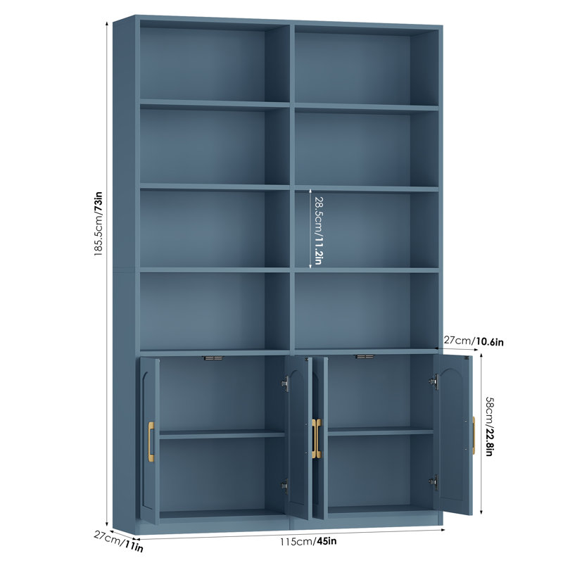 Bibliothèque standard en bois avec portes et 8 tablettes ouvertes Kirklyn, Bleu