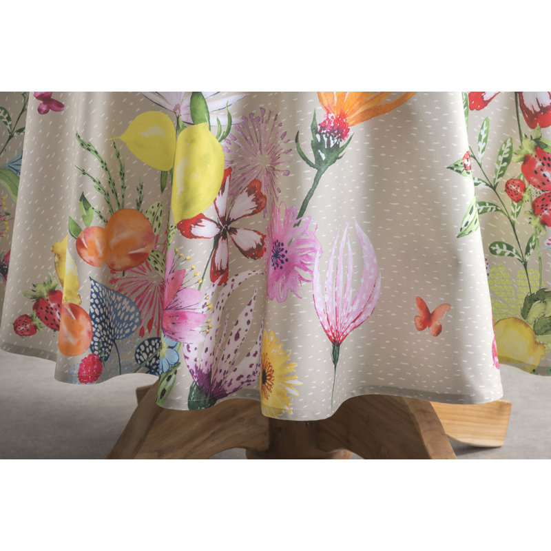 Floral 100% Cotton Round Tablecloth, Fog, 69" L x 69" W
