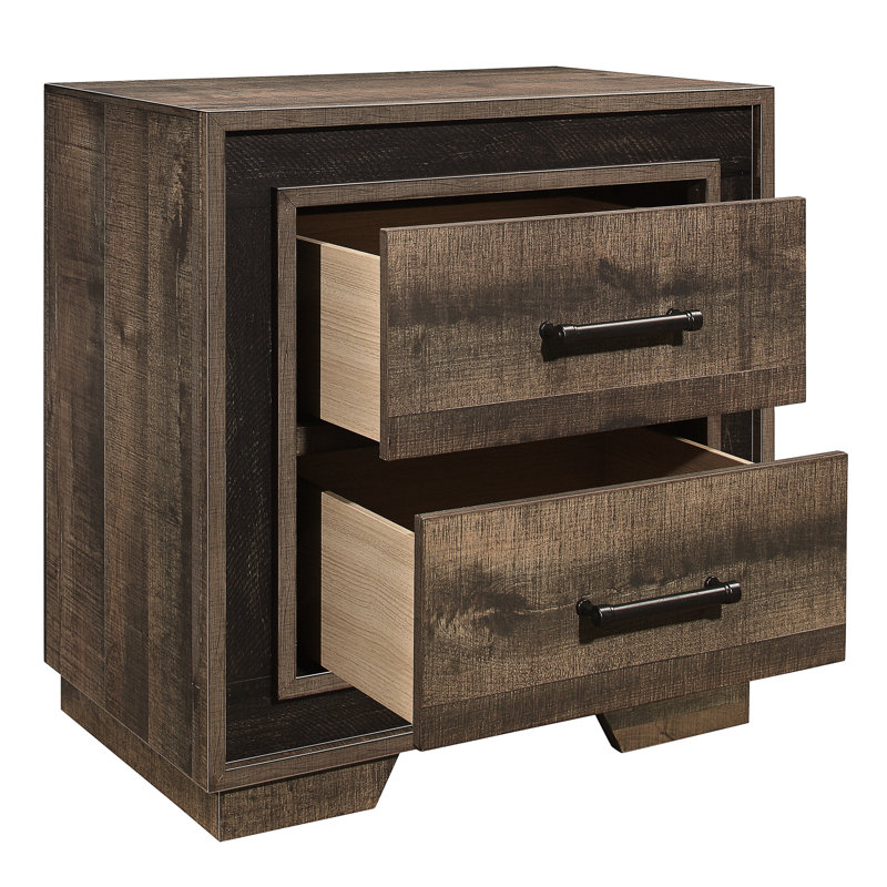 Table de chevet de chambre à coucher à thème rustique, 2 tiroirs et table de chevet à glissières en métal, ébène foncé