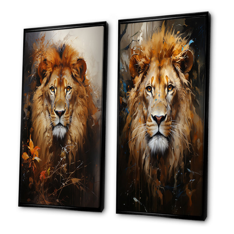 Mighty Monarchs Lion Portrait - ensemble de 2 impressions sur toile de lion, Cadre noir, H 28 po x l 25 po