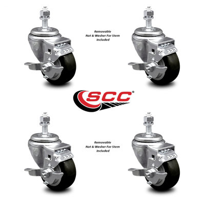 3 Inch_Polyurethane Swivel ½ Inch Threaded Stem Caster Set with Brake SCC