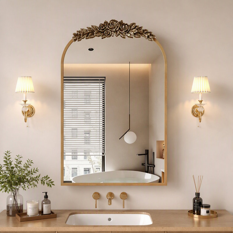 Armoire à pharmacie vintage avec miroir et rangement, 61 x 91 cm, miroir mural arqué avec dessus sculpté, encastrable et en applique, avec étagère réglable et crochets à bijoux, couleur or.