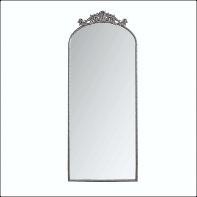 Arched Full Body Mirror with Vintage Ornate Carved Applique on Top (58x24 inch) in Antique Silver
