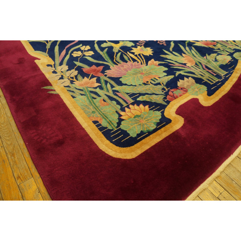 Antique Chinese Art Deco Room Size Wool Blue Rug
