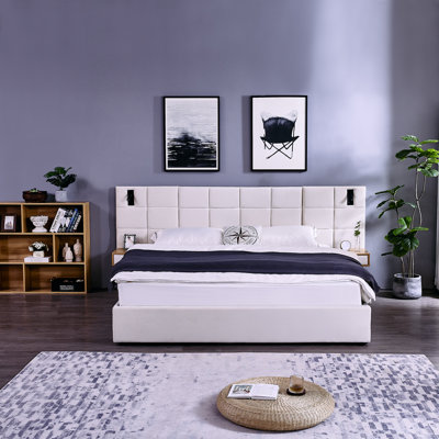 King Size Storage Velvet Upholstered Hydraulic Platform Bed With 2 Shelves, 2 Reading Lamps And USB Port, Beige