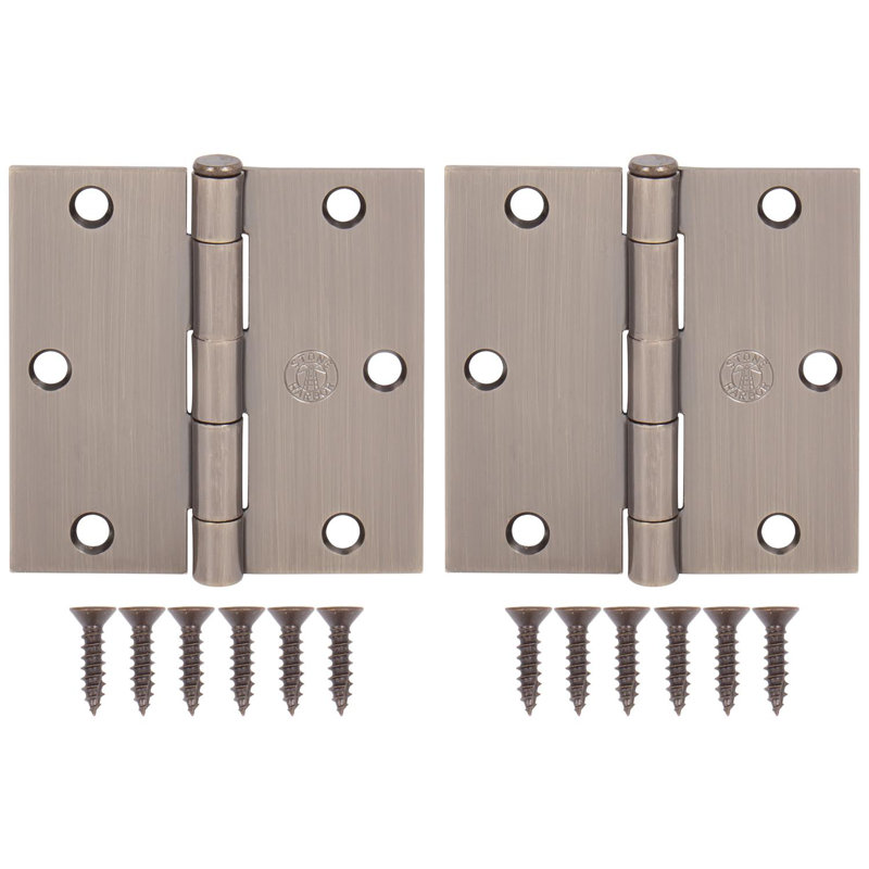 Antique Brass 3-1/2" Steel Door Hinges, Square Corner, Set of 2