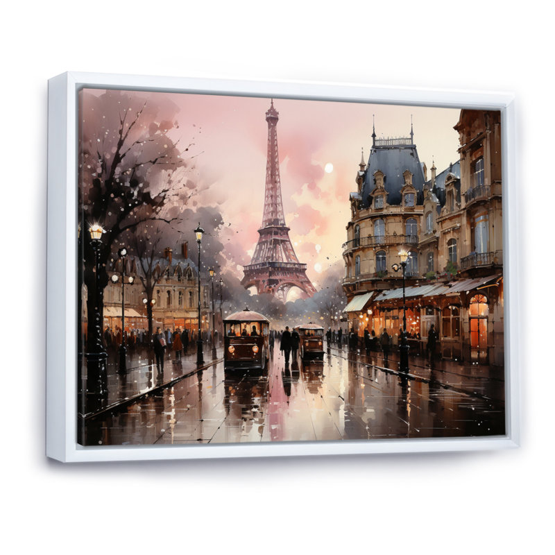 «Pink Twilight Rendezvous In Paris I», art mural de Paris pour le salon, H 30 po x l 40 po, Blanc