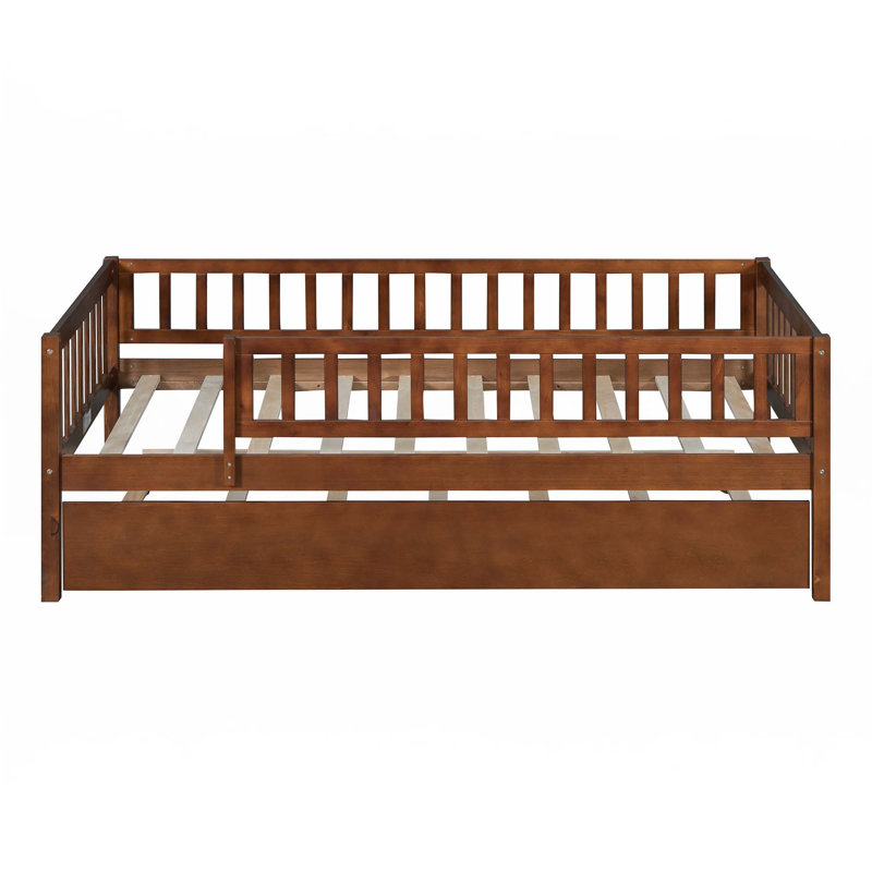 Wood Daybed With Trundle And Fence Guardrails, Walnut, Twin