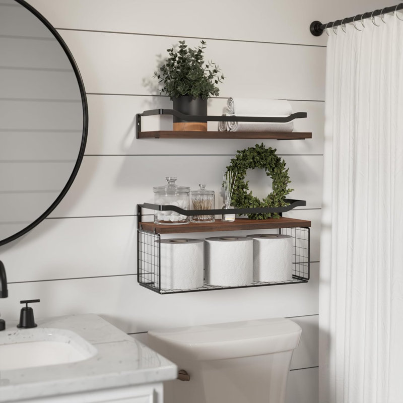 Floating Shelves With Wire Storage Basket, Bathroom Shelves Over Toilet With Protective Metal Guardrail, Wood Wall Shelves For Bathroom, Bedroom, Living Room, Toilet Paper- Dark Brown