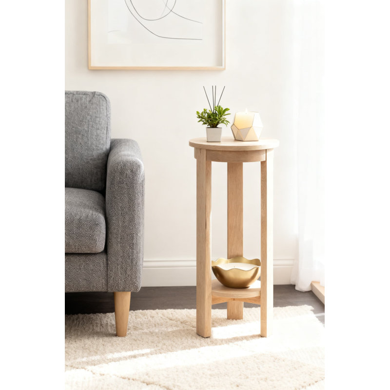 Table d'appoint ronde moderne à niveaux avec deux tablettes, table à boissons en bois transitionnelle pour le salon, la chambre à coucher ou le présentoir à plantes