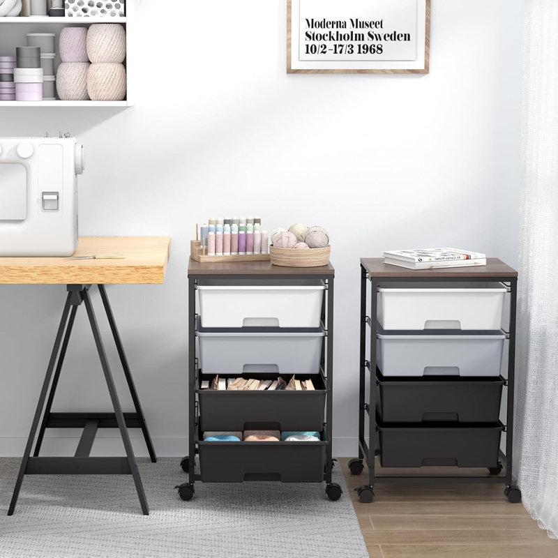 Utility Cart With 4 Drawers,Rolling Storage Cart With Drawers,Light Grey, Gray