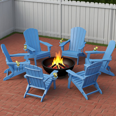 6-Piece Folding Adirondack Chair Set – All-Weather HDPE Outdoor Lounge Chairs with Cup Holders, Classic Firepit Seating for Patio, Backyard, Deck, or Garden