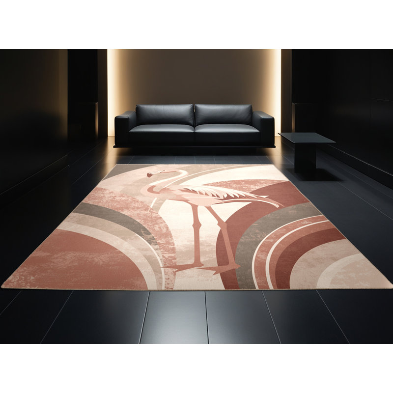 Tapis arc-en-ciel beige art déco lavable à la machine Osazee Flamingo, 7 x 9
