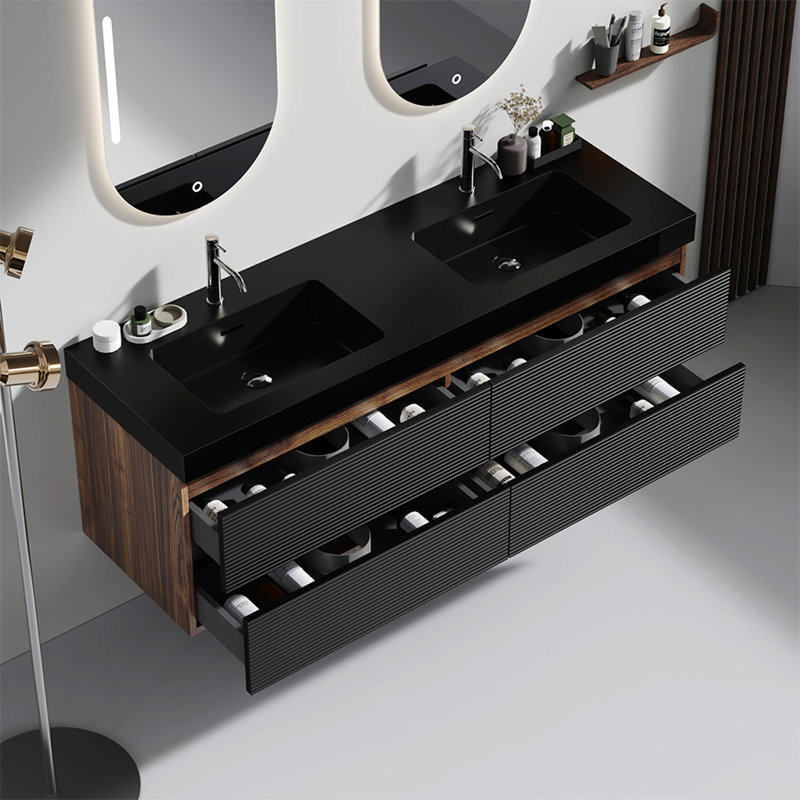 Grace 60" Walnut Bathroom Vanity With Matt Black Engineered Quartz Sink And Soft Black Drawers, Wall Mounted Floating Bathroom Vanity For Modern Bathroom, One-Piece Matt Black Basin, Pre-Assembled