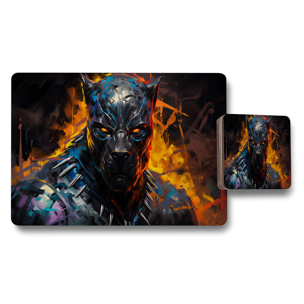 Black Panther Placemat Coaster Set With Fiery Art Design