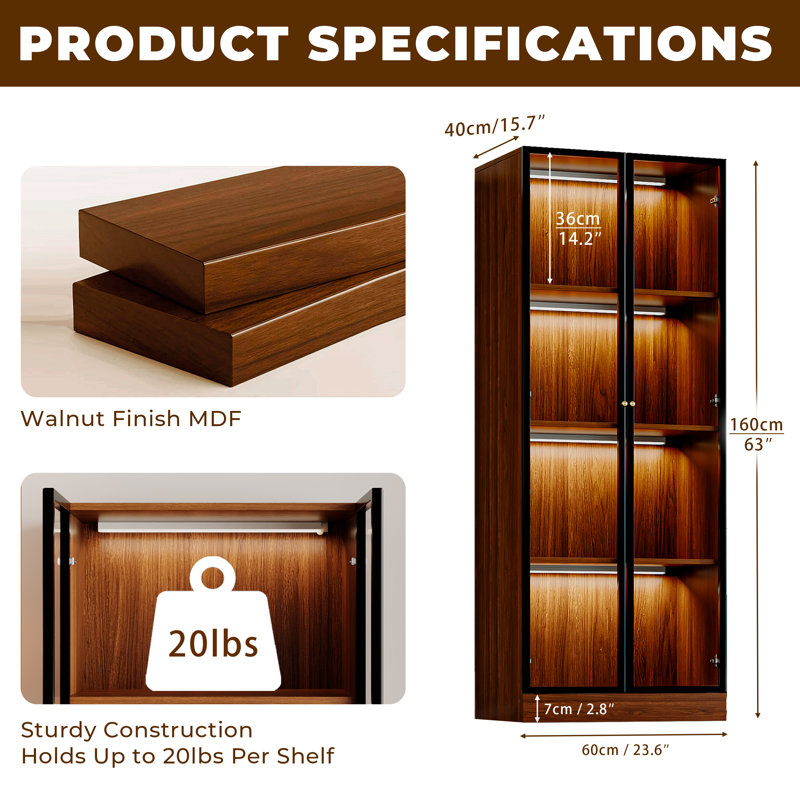23.6'' Brown Glass Display China Cabinet Liquor Curio Storage Hutch Two-piece Set, Mid Century Modern Wooden 4-tier Dining Shelf With Tempered Glass Doors And Wireless Led Light For Kitchen Living Room