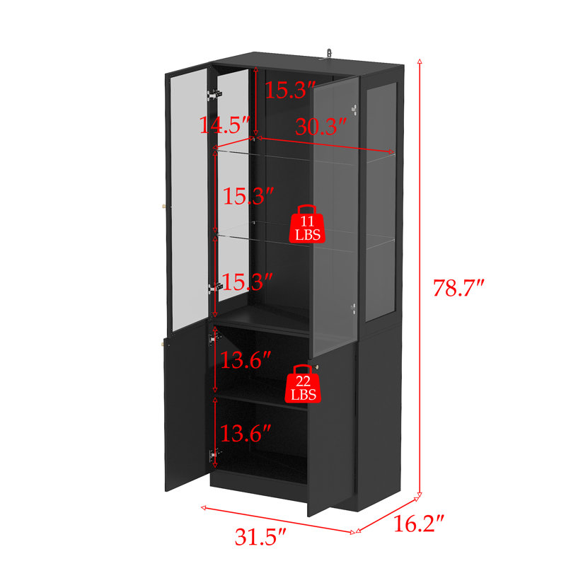 Bibliothèque de 78,7 po x l 31,5 po avec lumières DEL et portes en verre