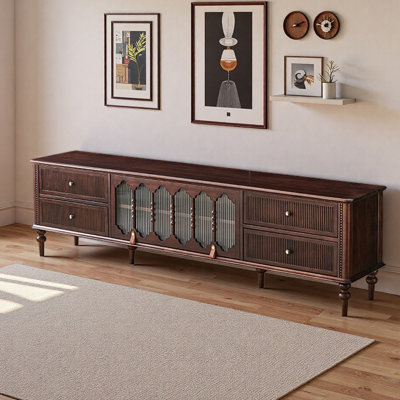 Walnut TV Stand with Ribbed Glass Cabinet Doors