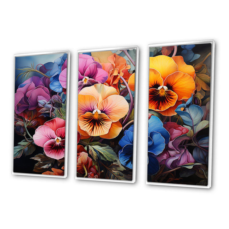 «Colorful Pansy Garden I - Pansies», ensemble d'art mural en toile, H 28 po x l 36 po x P 1 po, Cadre flottant blanc