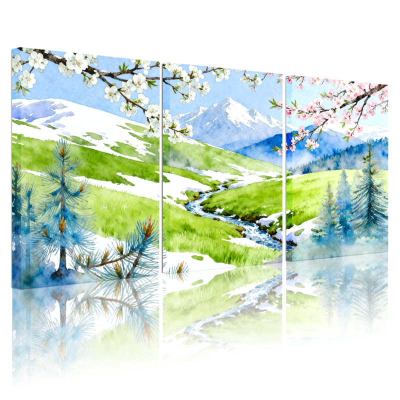 «Landscape & Nature Spring Mountain Landscape With Cherry Blossoms», ensemble de 3 impressions sur toile, H 18 po x l 36 po