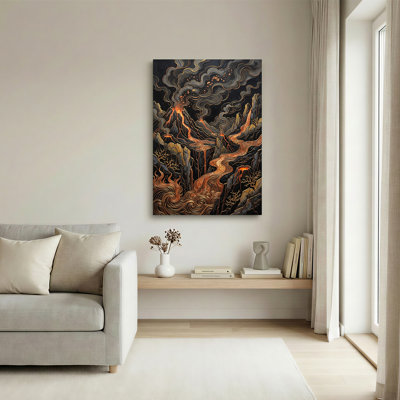 Art mural sur toile stylisé «Dark Mountains with Glowing Lava Rivers»