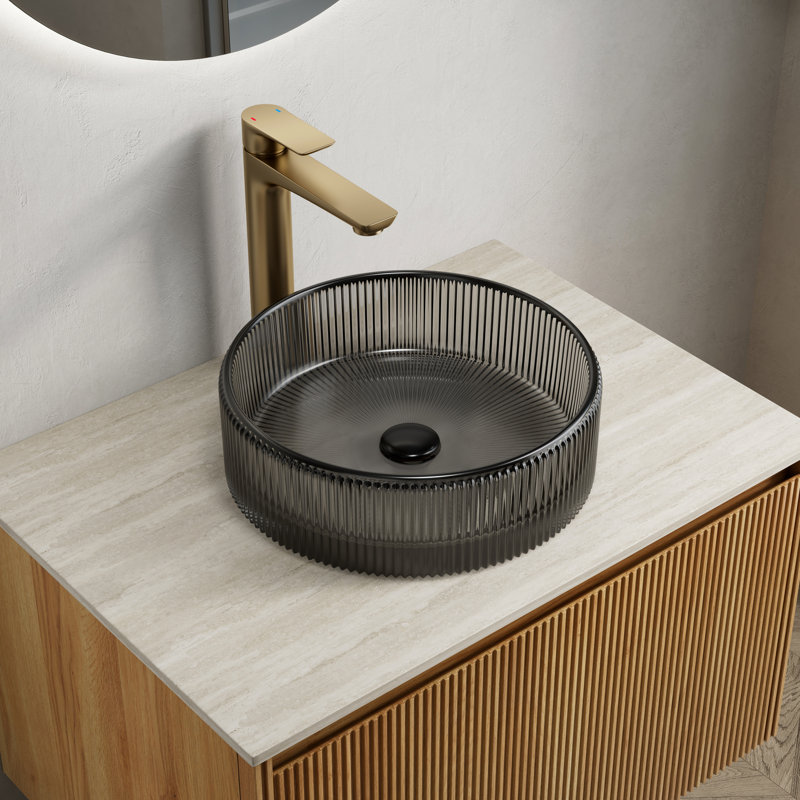 Lavabo de salle de bain rond 14 po en cristal noir transparent, design artistique, idéal pour les comptoirs, entretien facile, éclaboussures d'eau, bec de robinet 9 po noir nécessaire 14,02 x 4,41 po sans robinet