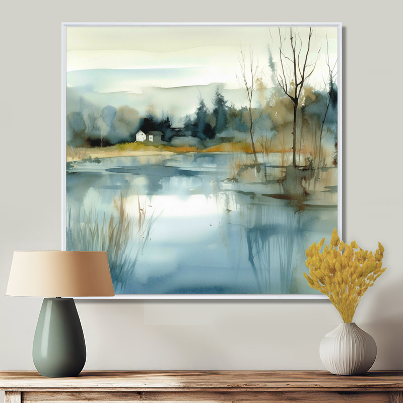 Summer Lake Landscape Illustration V - Lake, art mural, H 30 po x l 30 po x P 1 po, Cadre flottant blanc