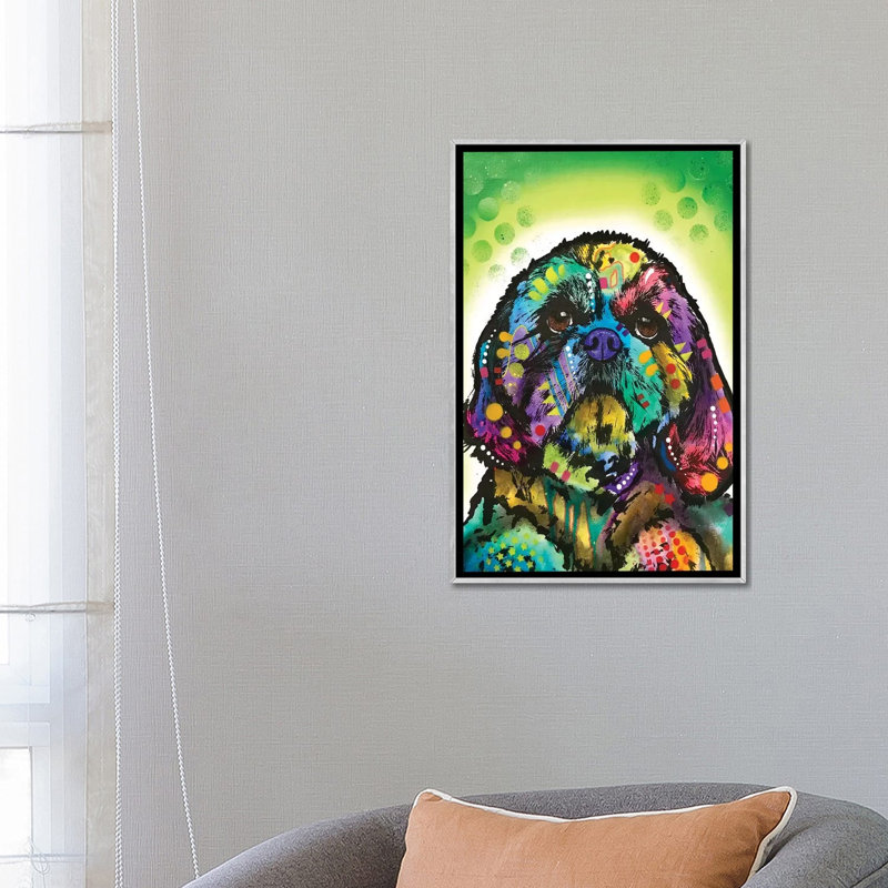 Kinda Shih Tzu par Dean Russo - impression d'art graphique, H 26 po x l 18 po x 1,5 po, Toile avec cadre argenté