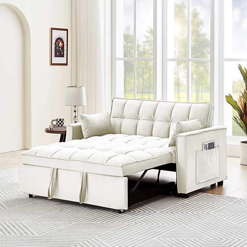 Canapé-lit en velours 55,2 po Jitender, Velours blanc crème
