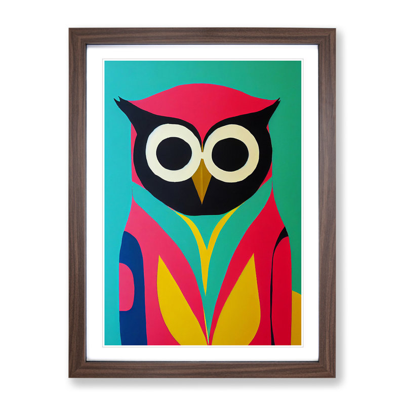 Colourful Abstract Owl No.2 - Single Picture Frame Print, 46cm H x 34cm W x 2cm D, Walnut