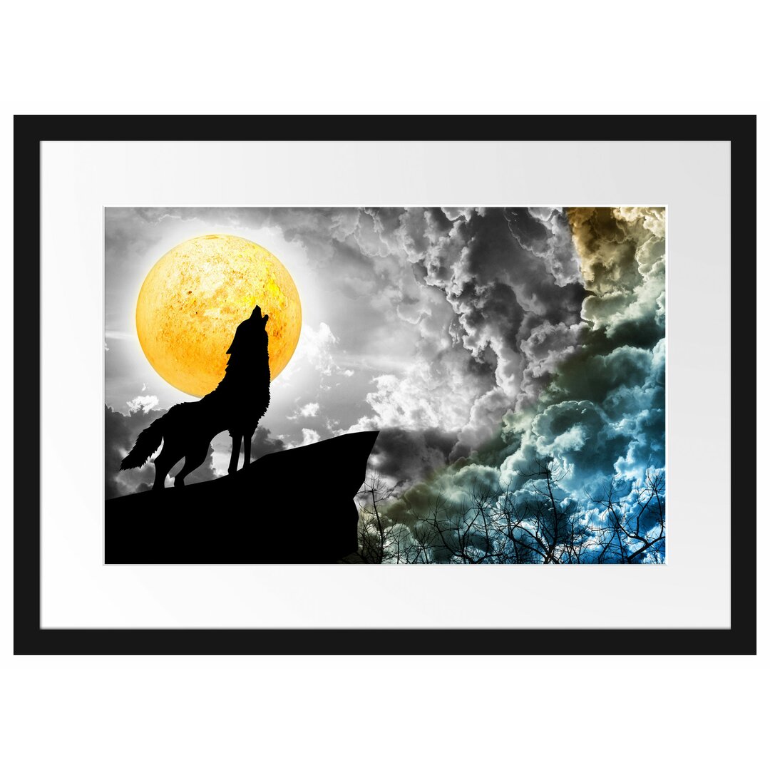 Gerahmtes Poster Mystischer Wolf im Vollmond