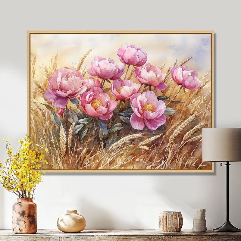 Ikisha pivoines dans le champ de blé II - pivoines, art mural, H 30 po x l 40 po, Impression encadrée flottante, Crème, crème