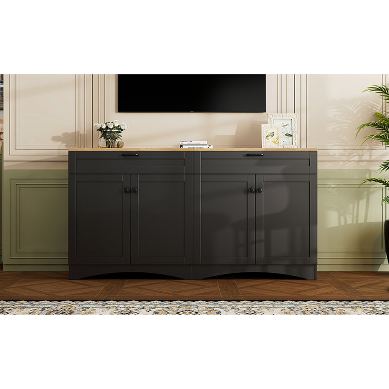 Meuble télé 70 po avec poignées rustiques, 2 tiroirs de style, tablettes réglables et armoire de rangement en grain de bois noir, rétro, compatible