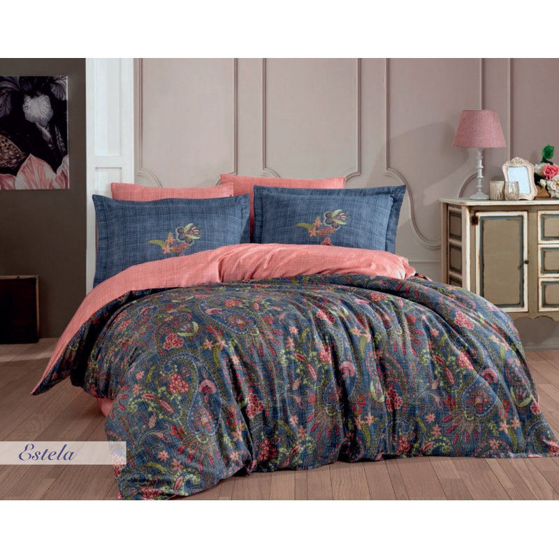 Ensemble de housse de couette 100% coton bleu / rose / vert Niarada
