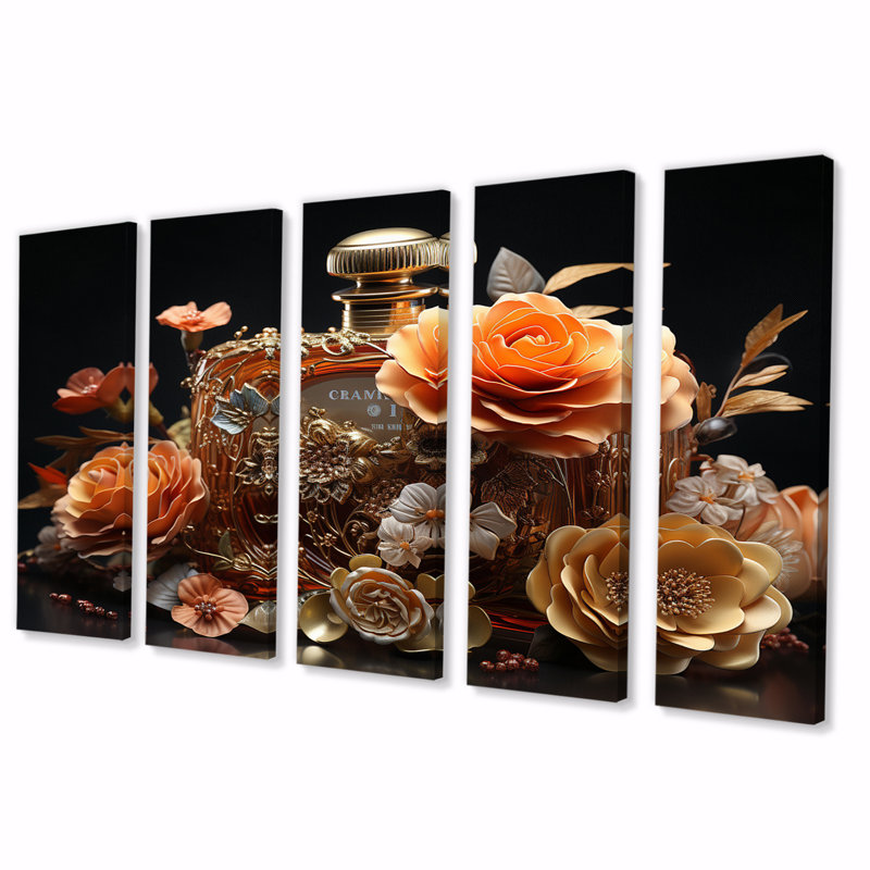 Bouteille de parfum rétro avec Blossoming Roses II - Parfums, salon d'art mural - 5 panneaux égaux