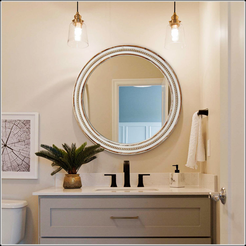 Miroir décoratif rond 23,62 pouces en bois rustique pour mur, parfait pour la maison et le bureau avec cadre perlé élégant