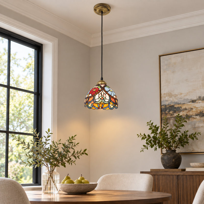 Luminaire suspendu rétro à 1 lumière avec abat-jour en verre coloré Tiffany (ampoule incluse)