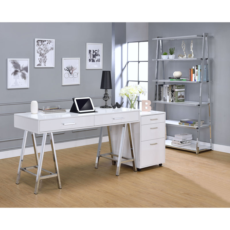 Airlene Ladder Bookcase in Black High Gloss and Chrome, White