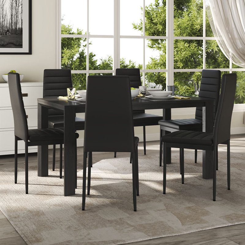 6 - Person Tempered Glass Dining Table with PU Leather High Back Dining Chairs Set, 75cm x 120cm x 80cm