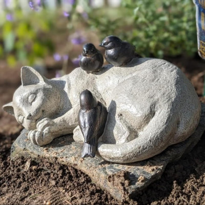 Statues de jardin en forme de chat endormi - statue commémorative de moineaux sur chat 12 "statues en résine