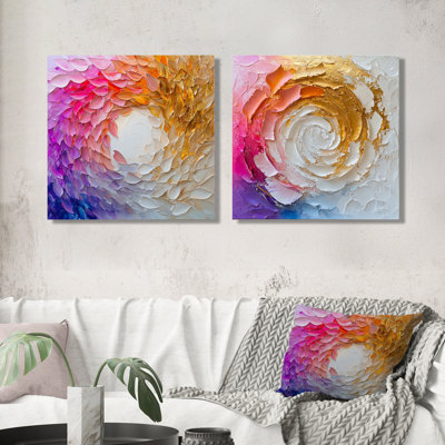 Encre florale blanche, rose et dorée I - décoration murale spirales abstraites - art mural moderne 2 pièces