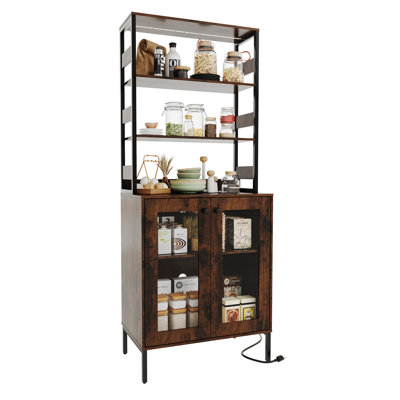 67" Tall Wine Bar Cabinet Liquor Cabinet with Power Outlets, Farmhouse Liquor Cabinets with Adjustable Shelf