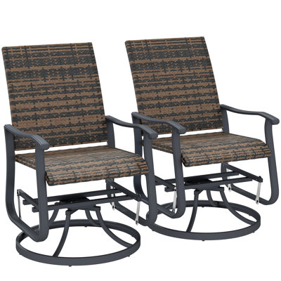 Ensemble de 2 chaises de patio, chaise pivotante d'extérieur en rotin d'osier avec structure en acier, dossier haut, accoudoirs, fauteuil de véranda avec patins réglables pour le jardin, la pelouse, la cour arrière, brun